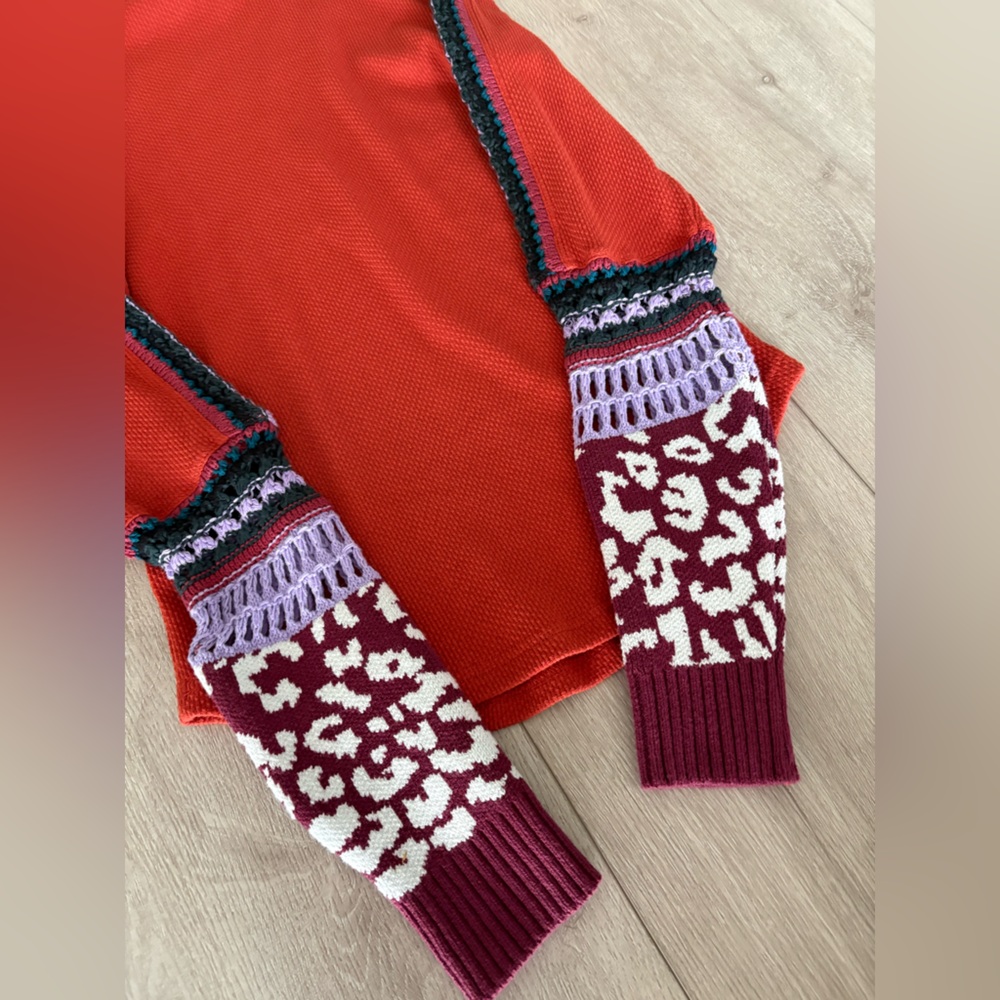 Free People Switch It Up Burnt Orange Thermal Sweater Top Crochet Sleeves - Picture 5 of 7